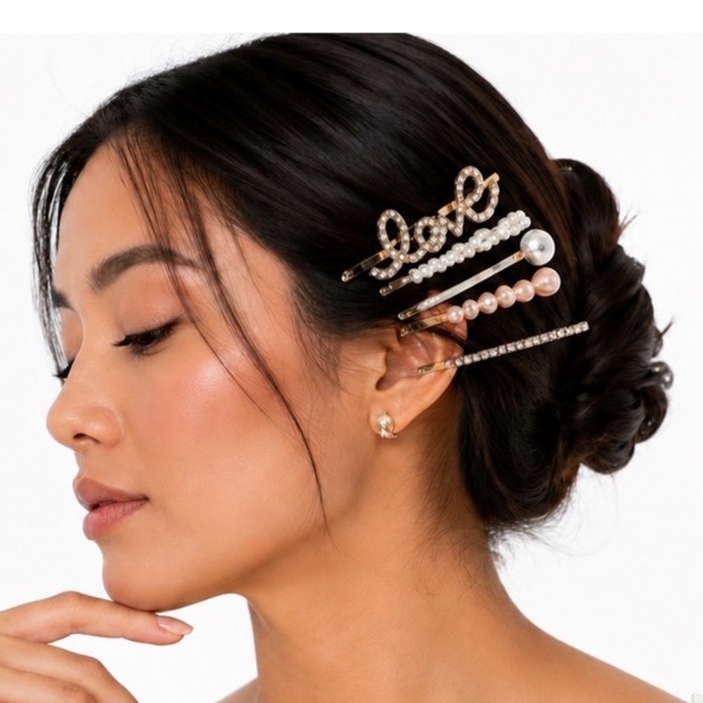 H&M Gold Tone Hair Clip Set 5pc Love Rhinestone Faux Pearl Bobby Pins New J-01